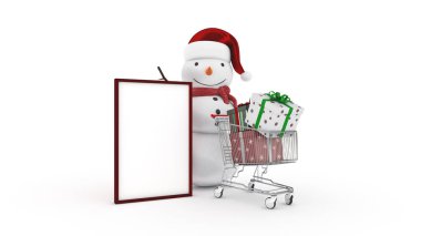 Kardan adam santa şapka ve alışveriş sepeti