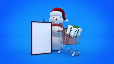 Kardan adam santa şapka ve alışveriş sepeti