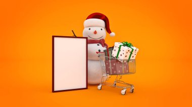 Kardan adam santa şapka ve alışveriş sepeti