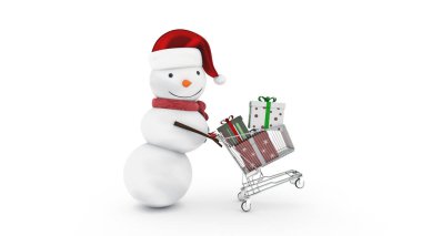 Kardan adam santa şapka ve alışveriş sepeti