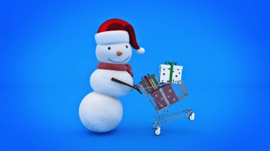 Kardan adam santa şapka ve alışveriş sepeti