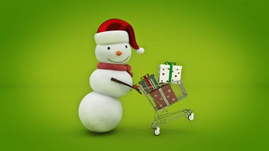 Kardan adam santa şapka ve alışveriş sepeti