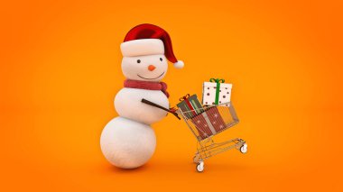 Kardan adam santa şapka ve alışveriş sepeti