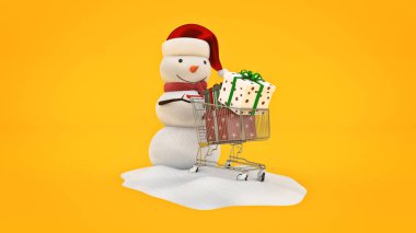 Kardan adam santa şapka ve alışveriş sepeti