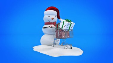 Kardan adam santa şapka ve alışveriş sepeti