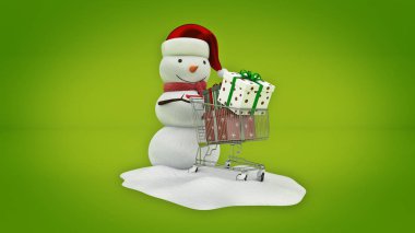 Kardan adam santa şapka ve alışveriş sepeti