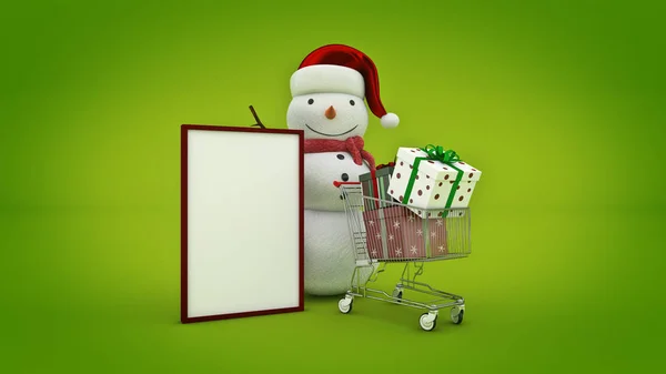 Boneco Neve Com Chapéu Pai Natal Carrinho Compras — Fotografia de Stock