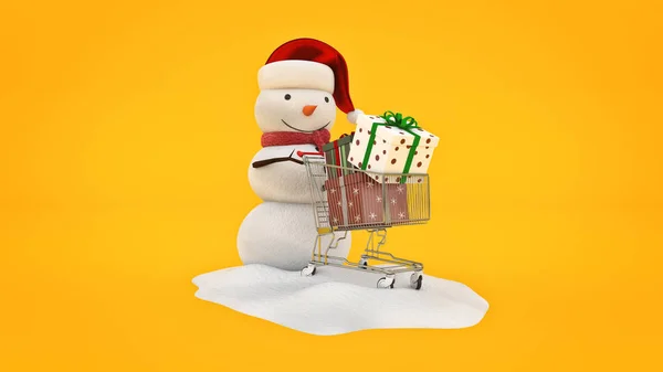 Boneco Neve Com Chapéu Pai Natal Carrinho Compras — Fotografia de Stock