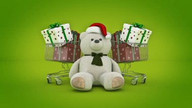Noel Baba şapkası ve alışveriş sepeti ile ayıcık. 3D render