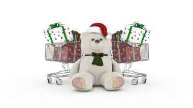 Noel Baba şapkası ve alışveriş sepeti ile ayıcık. 3D render