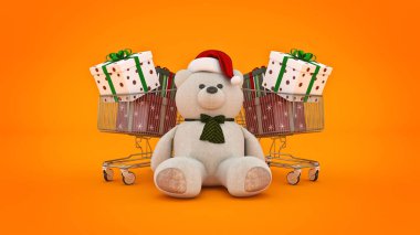 Noel Baba şapkası ve alışveriş sepeti ile ayıcık. 3D render