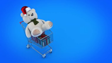 Noel Baba şapkası ve alışveriş sepeti ile ayıcık. 3D render