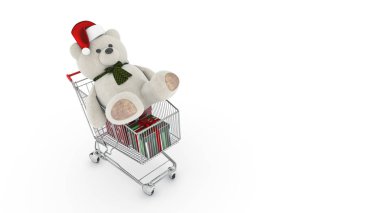 Noel Baba şapkası ve alışveriş sepeti ile ayıcık. 3D render
