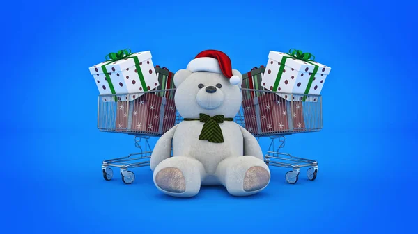 Urso Peluche Com Chapéu Pai Natal Carrinho Compras Renderização — Fotografia de Stock