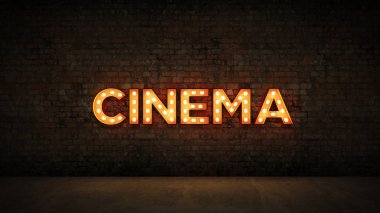 Neon tuğla duvar arka planda - sinema imzala. 3D render