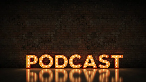 Neon Sign Brick Wall Background Podcast Inglês Renderização — Fotografia de Stock