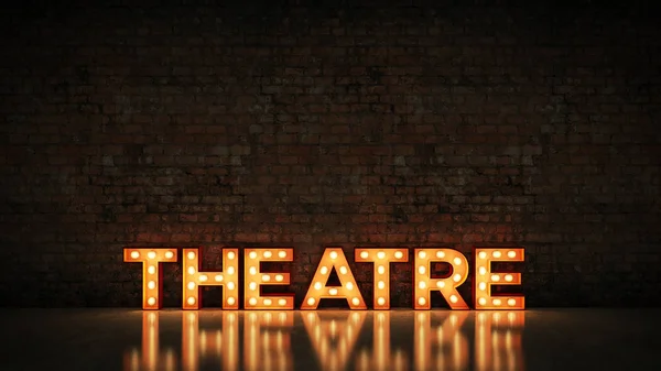 Neon Sign Brick Wall Background Theatre Inglés Renderizado — Foto de Stock