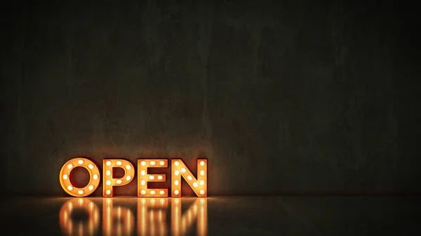 Neon Sign on Brick Wall background - Open. 3d rendering