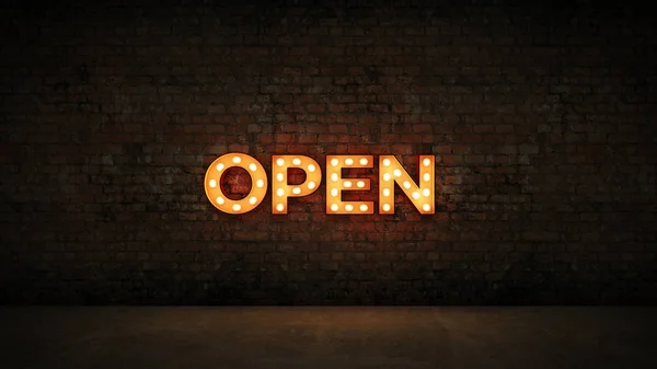 Neon Sign on Brick Wall background - Open. 3d rendering