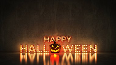 Neon işareti tuğla duvar arka plan - mutlu Cadılar Bayramı. 3D render