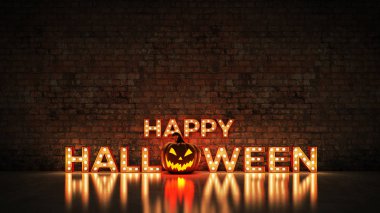 Neon işareti tuğla duvar arka plan - mutlu Cadılar Bayramı. 3D render