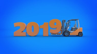 Modern forklift truck, 2019 New Year sign. 3d rendering. clipart