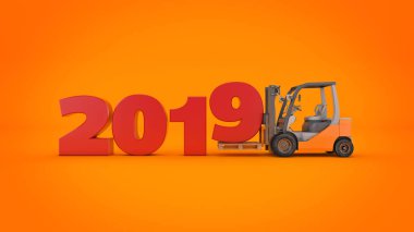Modern forklift truck, 2019 New Year sign. 3d rendering. clipart