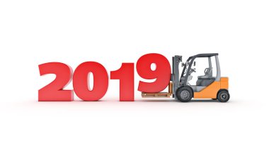 Modern forklifti, 2019 yeni yıl imzala. 3D render.
