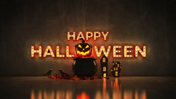 Signo Neón Fondo Pared Ladrillo Feliz Halloween Renderizado —  Fotos de Stock