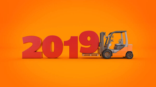 Modern forklift truck, 2019 New Year sign. 3d rendering.