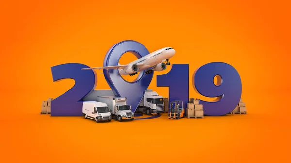 Conceito Mundial Transporte Carga Assinatura Ano Novo 2019 Renderização — Fotografia de Stock