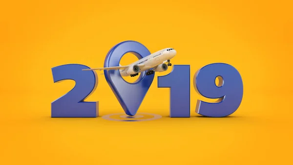 Conceito Viagem Avião Ponteiro Aeroporto Assinatura Ano Novo 2019 Renderização — Fotografia de Stock