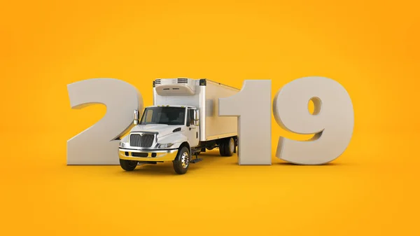 Conceito Caminhão Refrigerado 2019 Sinal Ano Novo Renderização — Fotografia de Stock