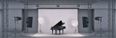 piyano ile fotoğraf stüdyosu. 3D render