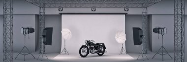 bir motosiklet ile fotoğraf stüdyosu. 3D render