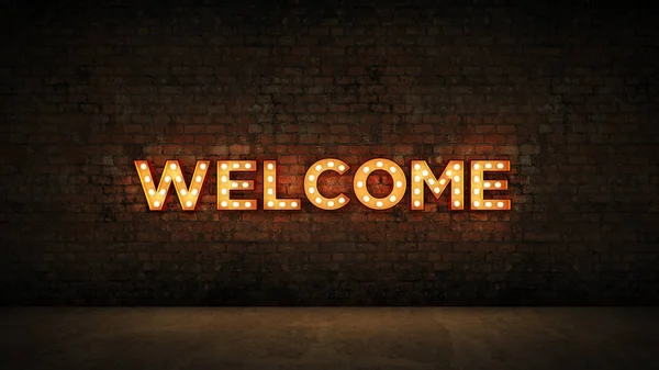 Neon Sign on Brick Wall background - Welcome. 3d rendering