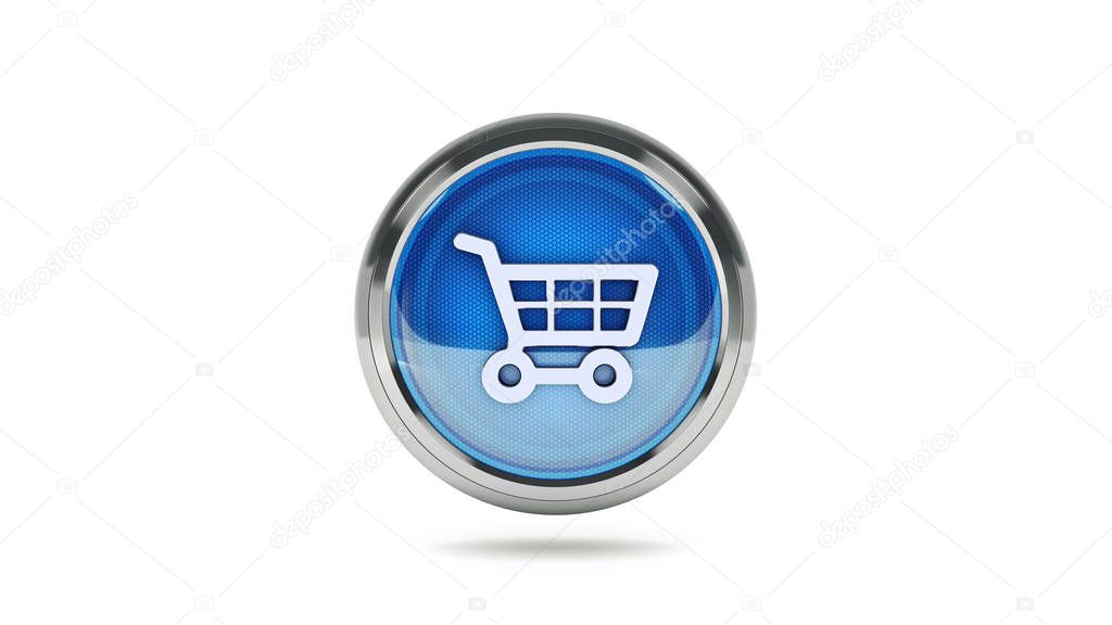 E-commerce glossy icon shopping car with mouse cursort. 3d Rendering