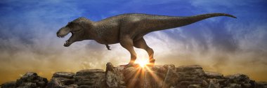 Gün batımında kaya dağındaki dinozorlar. 3d oluşturma
