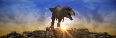 Gün batımında kaya dağındaki dinozorlar. 3d oluşturma