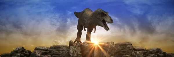 Gün Batımında Kaya Dağındaki Dinozorlar Oluşturma — Stok fotoğraf