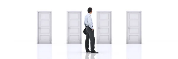 Επιχειρηματίας Επιλέγοντας Την Δεξιά Πόρτα Rendering — Φωτογραφία Αρχείου