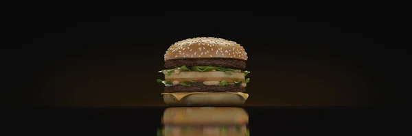 Hamburger Sur Fond Noir Rendu — Photo