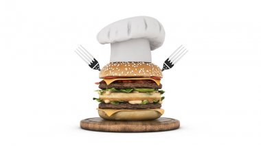 şapka şef ile hamburger . 3d render