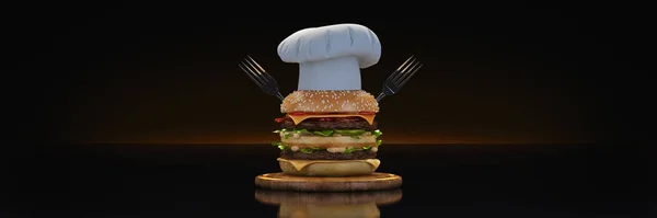 Hamburguesa Con Sombrero Chef Renderizado —  Fotos de Stock