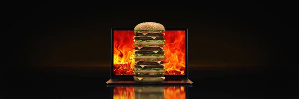 Hamburger Laptopem Renderowanie — Zdjęcie stockowe