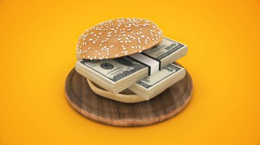 Hamburger, dolar banknotları. 3d render