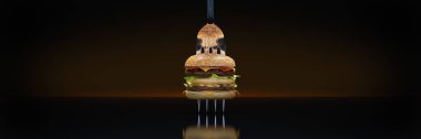Çatala sıkışmış küçük bir hamburger. Yeterli beslenme kavramı. 3d render