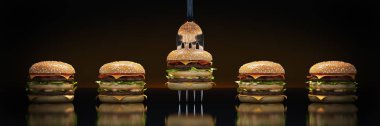Çatala sıkışmış küçük bir hamburger. Yeterli beslenme kavramı. 3d render