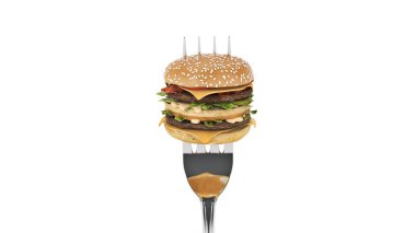 Çatala sıkışmış küçük bir hamburger. Yeterli beslenme kavramı. 3d render