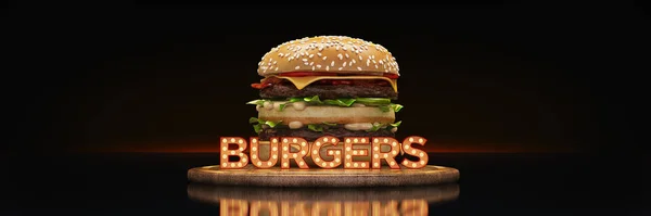 Hamburger Neon Sign Rendering — Stock Photo, Image